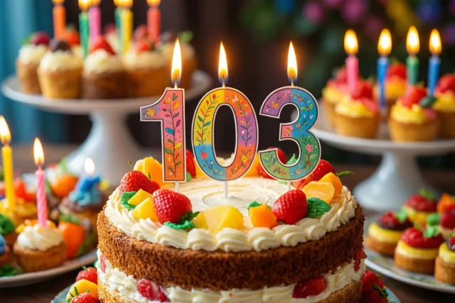 Een taart met een kleurrijke papieren 103 staat tussen brandende kaarsen en vers fruit op een buffet, met cupcakes op de achtergrond.