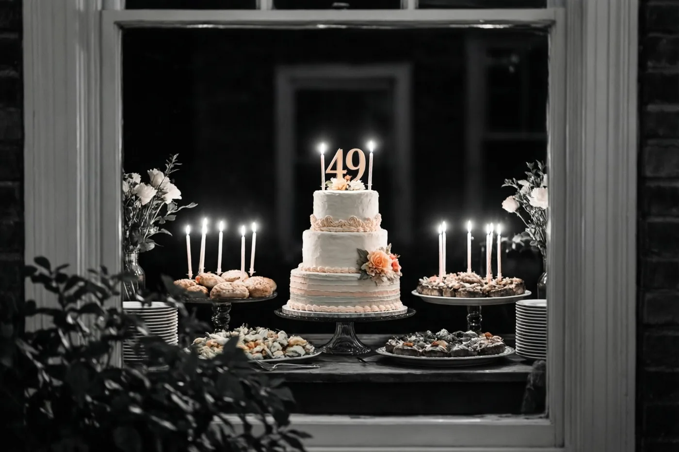 Door een raam is 's nachts een buffettafel te zien met een taart met meerdere verdiepingen, een papieren versiering met 49 en brandende kaarsen tegen een donkere achtergrond.