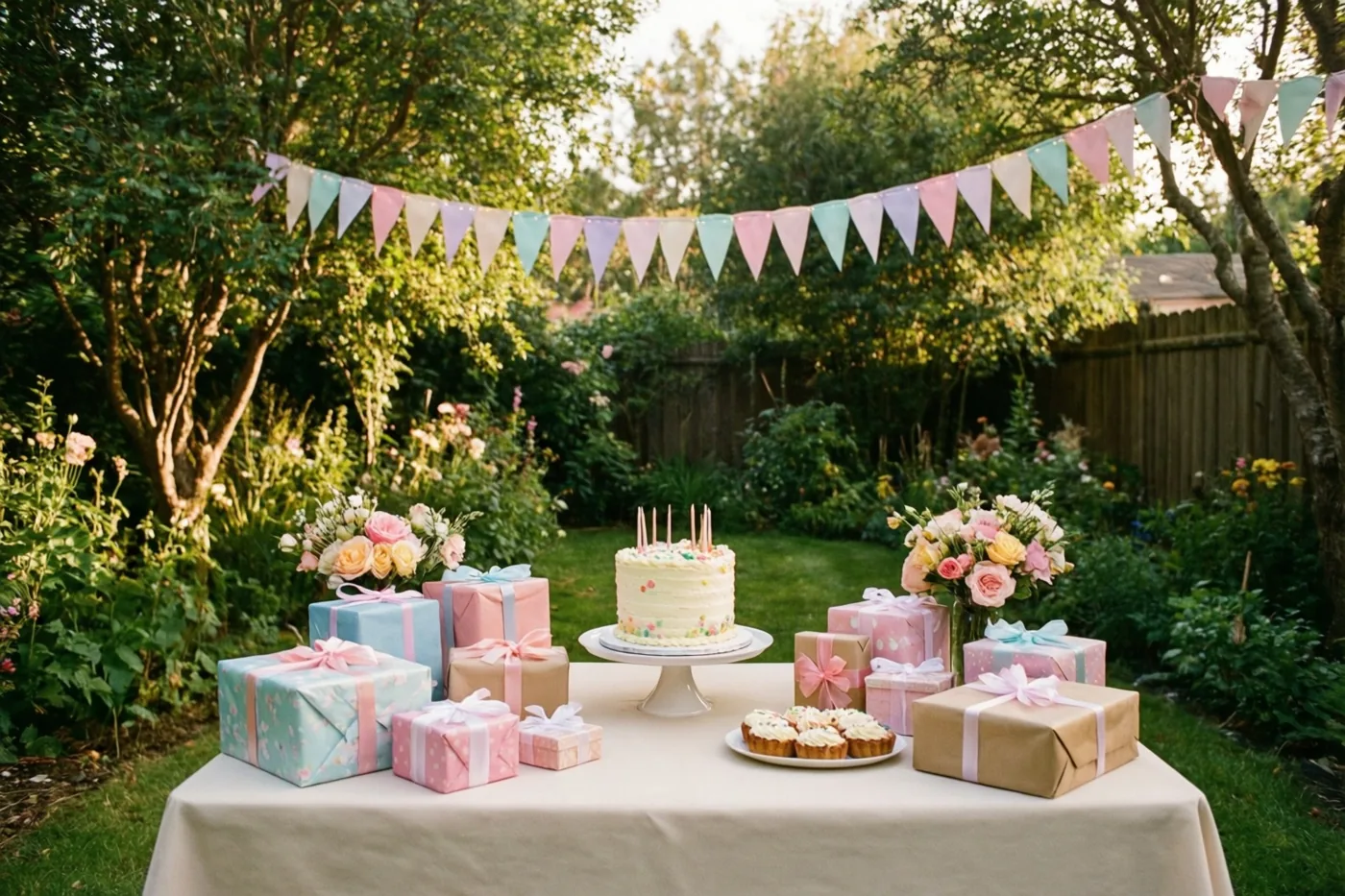 Op een tafel in een tuin staan een taart, cupcakes en ingepakte cadeaus onder een pastelkleurige slinger, met groen en bloemen op de achtergrond.