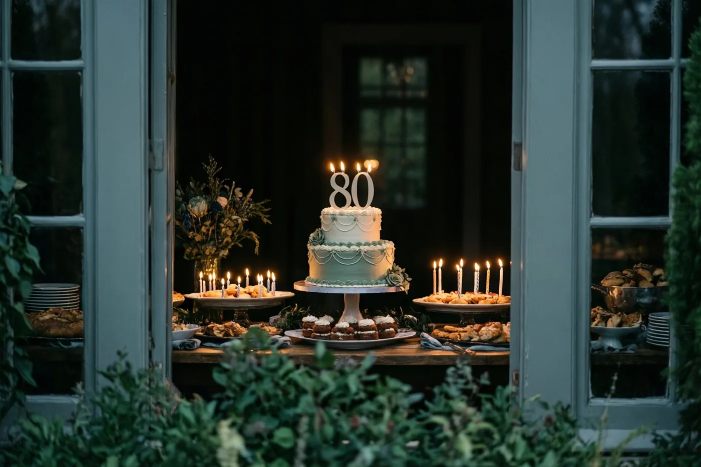 Door een open deuropening is een taart met meerdere lagen, een papieren versiering met 80 en brandende kaarsjes te zien op een buffettafel in een schemerige kamer, met groen op de voorgrond.