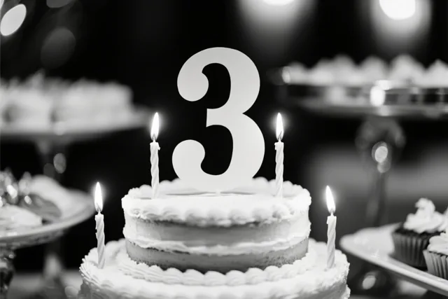 Op een zwart-witfoto staat een taart met meerdere verdiepingen, een grote papieren 3 en drie brandende kaarsjes op een feestelijk buffet.