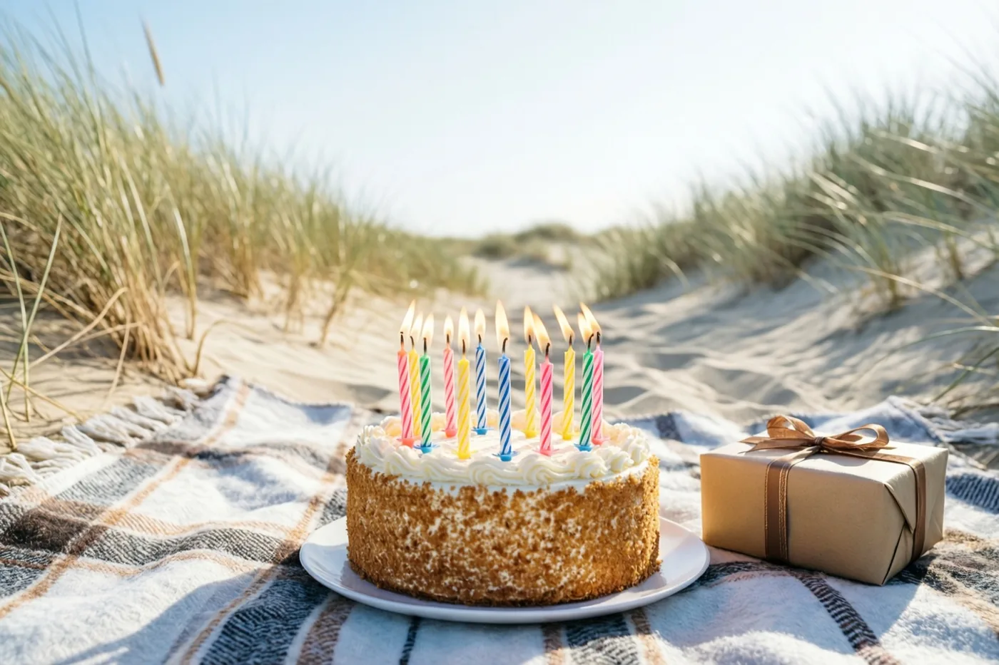 Een verjaardagstaart met brandende gekleurde kaarsjes staat op een wit bord op een geruit picknickdeken in zonnige zandduinen, met een ingepakt cadeau ernaast.