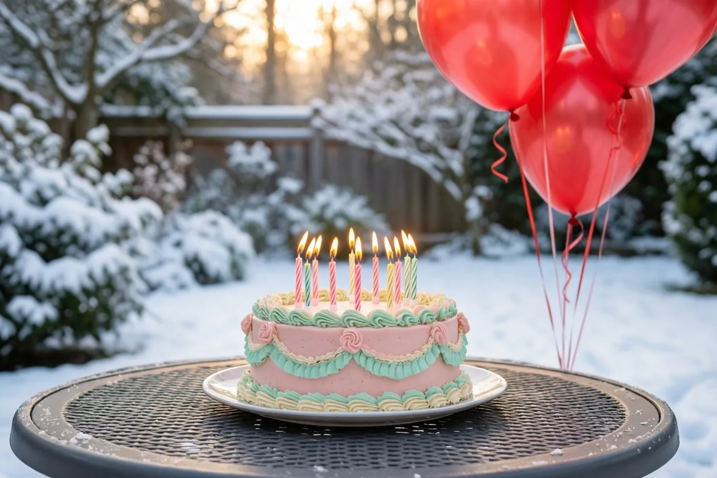 Een taart met brandende kaarsjes staat met felrode ballonnen op een tuintafel, voor besneeuwde bomen en een houten omheining bij een gouden zonsondergang.