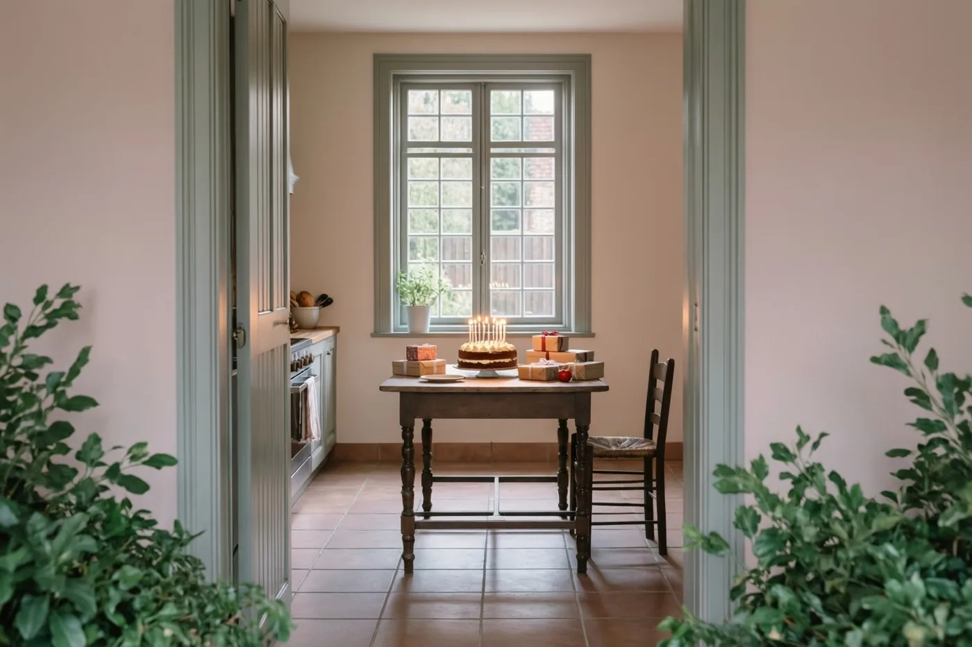 Een houten tafel met een taart met brandende kaarsjes en ingepakte cadeaus staat in een Vlaamse keuken met een tegelvloer, lichtroze muren en een raam met grijs kozijn, met groene planten op de voorgrond.