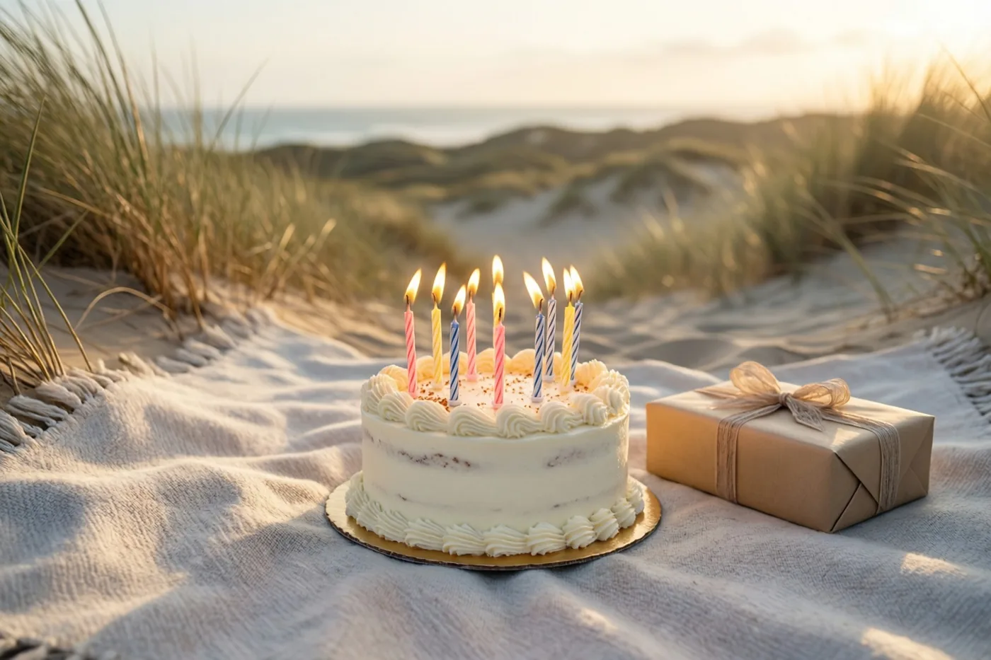 Een verjaardagstaart met brandende kaarsjes en een ingepakt cadeau staan op een picknickdeken in zandduinen in goudkleurig avondlicht.