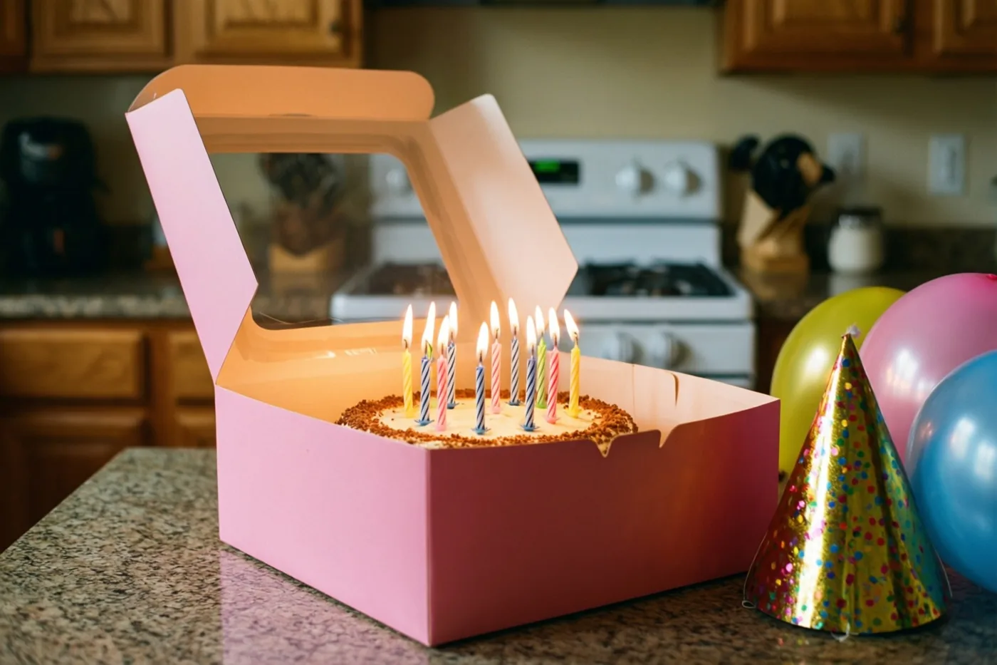 Een open roze taartdoos met een taart en brandende kaarsen staat naast kleurrijke ballonnen en een feesthoedje op een granieten keukenblad, met houten kasten op de achtergrond.