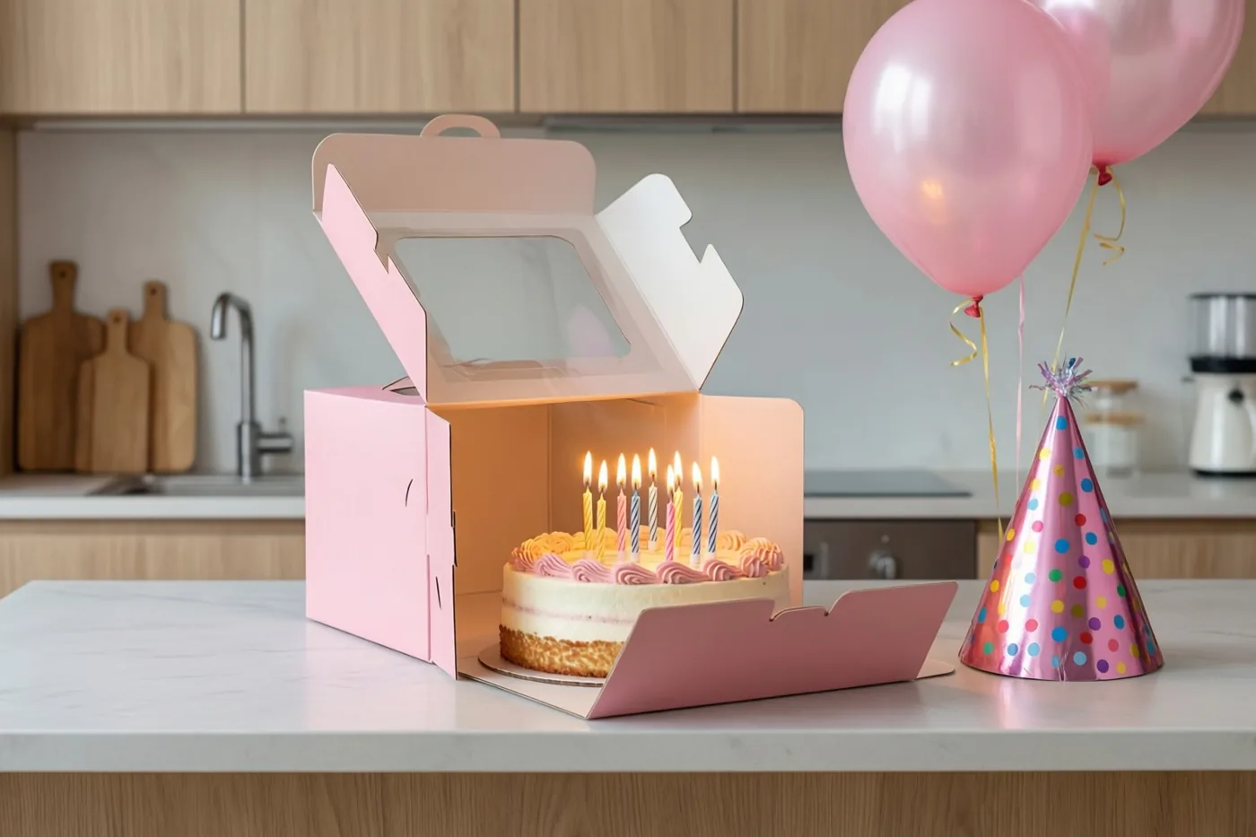 Een open roze taartdoos met een taart met brandende kaarsjes staat op een wit keukenblad naast roze ballonnen en een kleurrijk feesthoedje, in een keuken met licht houten kasten.