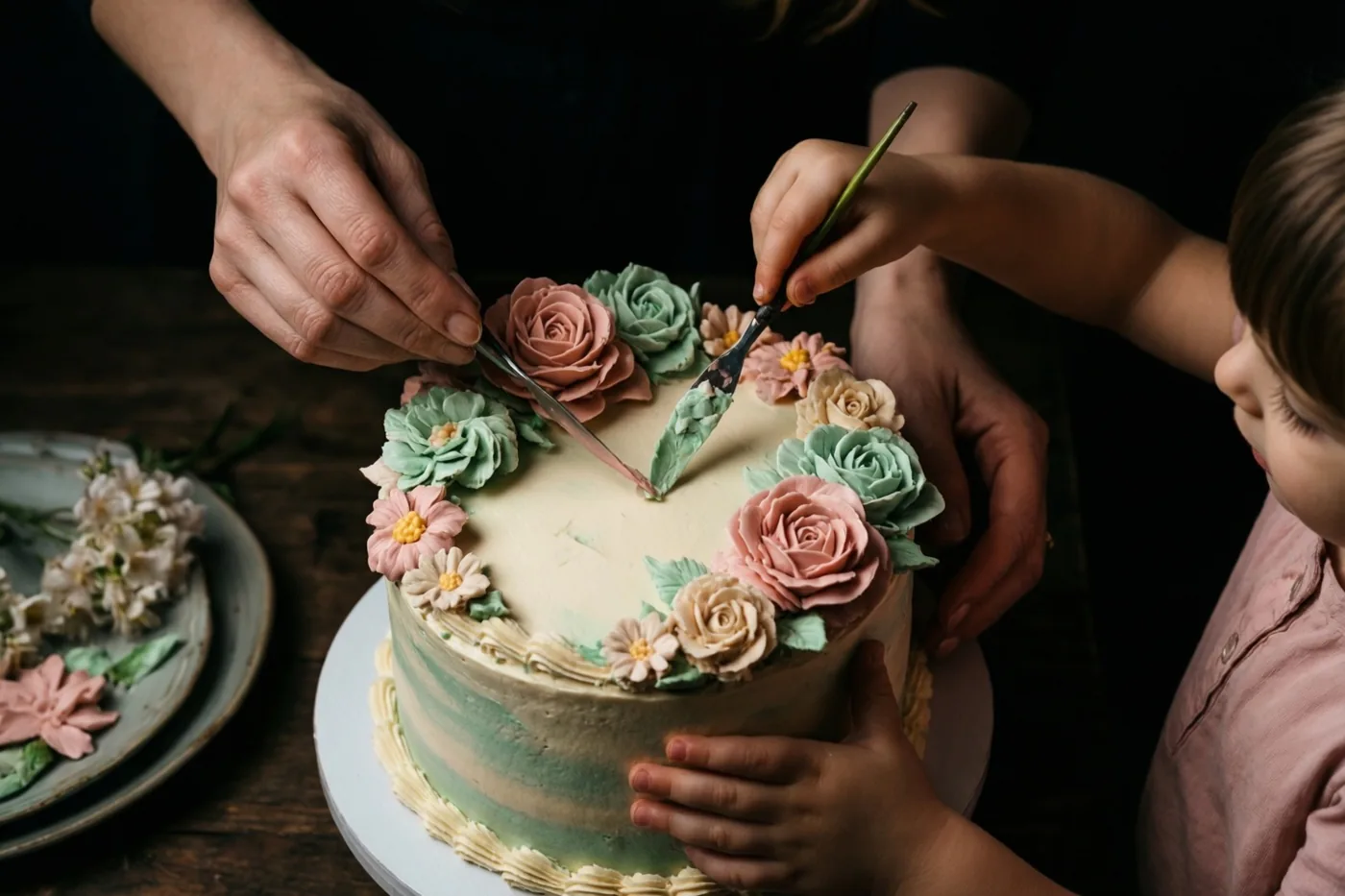 Een moeder en kind versieren met kleine hulpmiddelen een taart met opgespoten bloemen op een donkerhouten tafel, in zachtroze, mintgroene en crèmekleurige tinten.