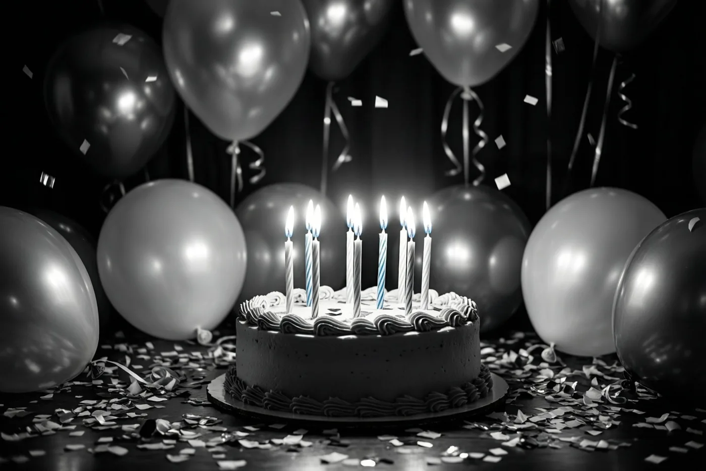 Een verjaardagstaart met brandende kaarsjes staat centraal tussen wazige ballonnen en vallende confetti op een monochrome foto.