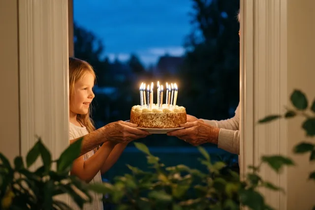 Door een raam zijn bij schemering een jong meisje en een oudere persoon te zien die samen een verjaardagstaart met brandende kaarsjes vasthouden, in warm licht met blauwe en crèmekleurige tinten.