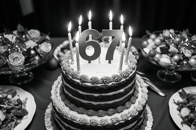 Een zwart-witfoto toont een taart met meerdere lagen, wit glazuur, brandende kaarsjes en een papieren versiering met 67 op een buffettafel tussen gerechten en bloemstukken.