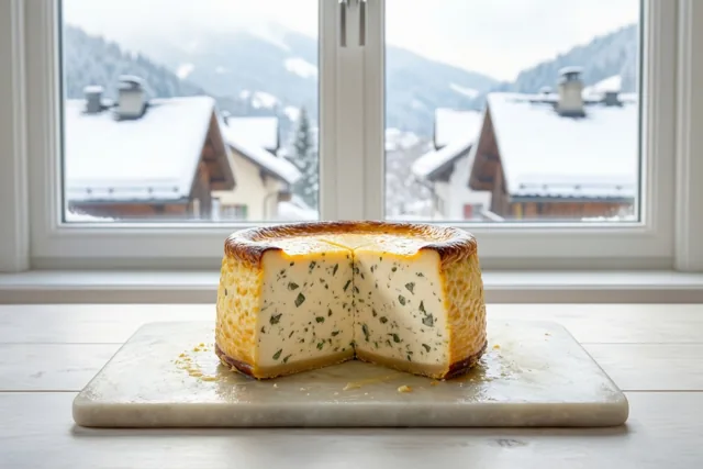 Een aangesneden crème-brûléetaart met groene kruiden staat op een marmeren plank op een houten tafel, met een besneeuwd bergdorp achter het raam.