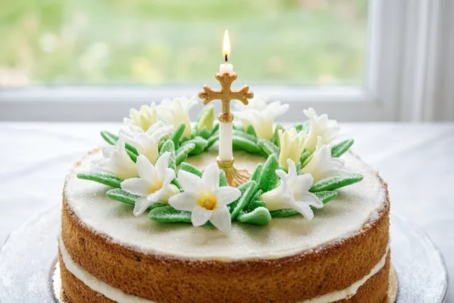 Een ronde taart met wit glazuur, suikerbloemen en een brandende kruisvormige communiekaars staat op een witte tafel voor een raam met een onscherp groen uitzicht.