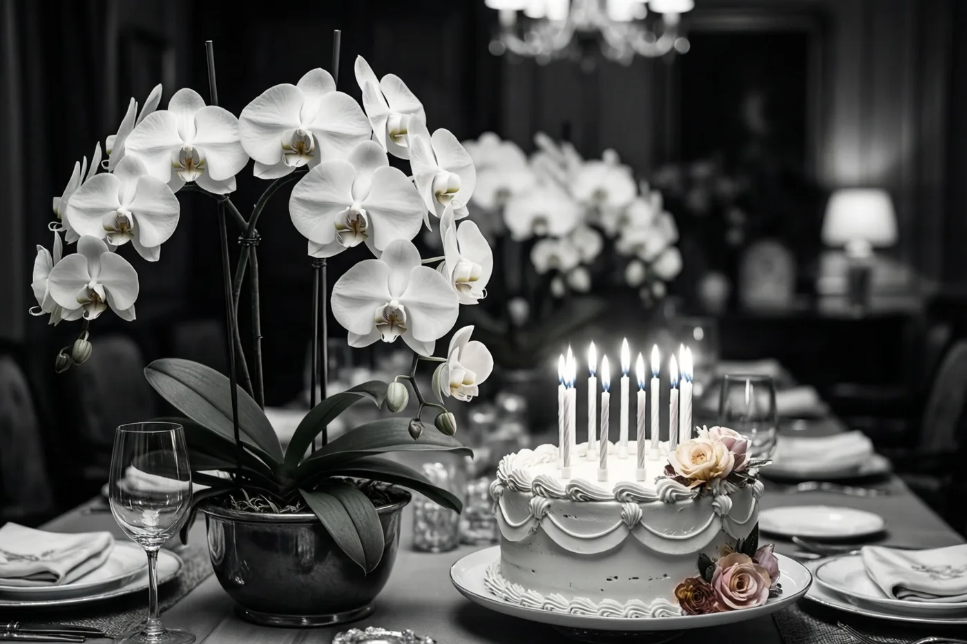 Een zwart-witfoto toont een verjaardagstaart met brandende kaarsjes en een groot bloemstuk met witte orchideeën op een eettafel in een elegante kamer met een onscherpe achtergrond.