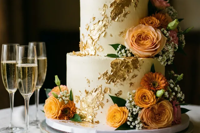 Een hoge taart met twee verdiepingen, bladgoud en oranje en perzikkleurige rozen staat op een witte taartvoet, met links drie glazen schuimwijn op een wit tafelkleed.