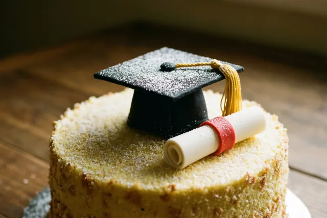 Een ronde taart met reliëf staat op een houten oppervlak in warm licht, met bovenop een zwarte afstudeerhoed en een opgerold wit diploma met rood lint van suiker.
