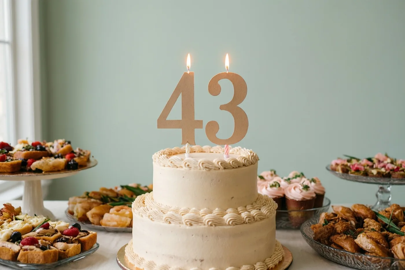 Een taart met twee verdiepingen, een papieren versiering met 43 en twee brandende kaarsjes staat tussen gebak op een buffettafel bij een lichtgroene muur en raamlicht.