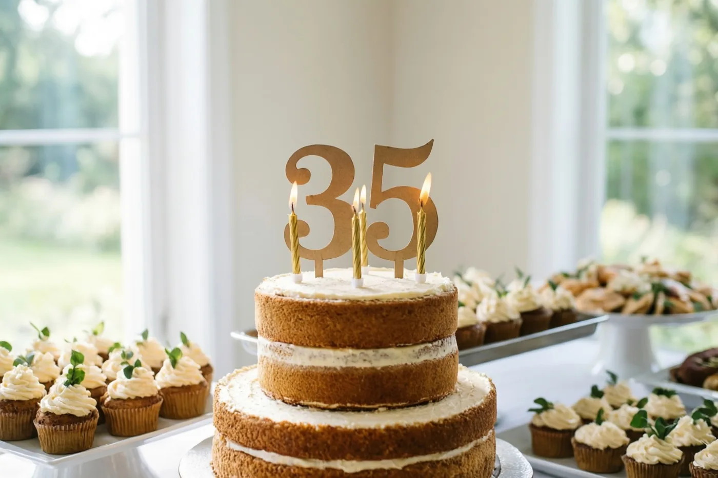 Een taart van twee verdiepingen met deels zichtbare zijkanten, wit glazuur, brandende kaarsjes en een papieren 35 staat tussen cupcakes op een buffettafel bij ramen.