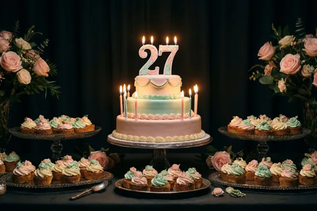 Een verjaardagstaart met meerdere lagen, brandende kaarsen en een versiering met 27 staat tussen cupcakes en bloemstukken op een buffettafel tegen een donkere achtergrond.