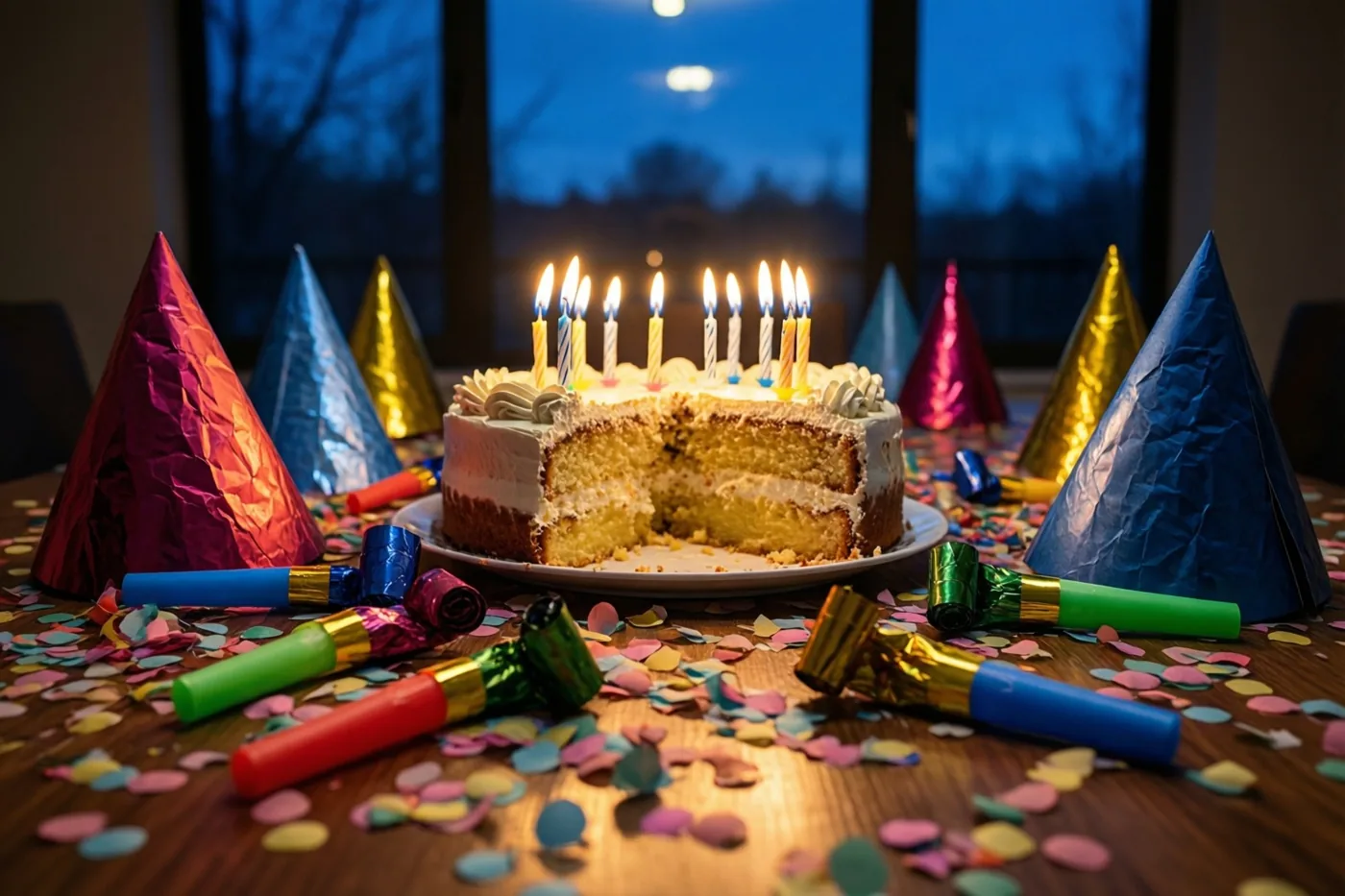 Een half opgegeten taart met brandende kaarsjes staat op een houten tafel vol confetti, feesttoeters en verfrommelde foliehoedjes, met een donkerblauwe nachthemel door het raam.