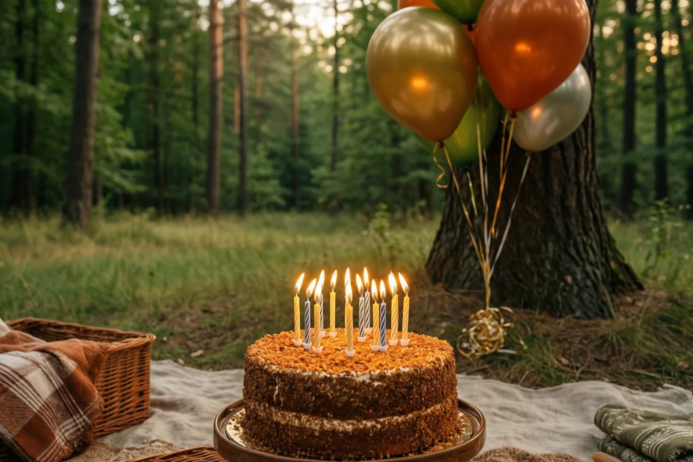 Een taart met brandende kaarsjes staat op een deken op een open plek in het bos, naast een picknickmand en ballonnen aan een boom, in warm goudkleurig licht.