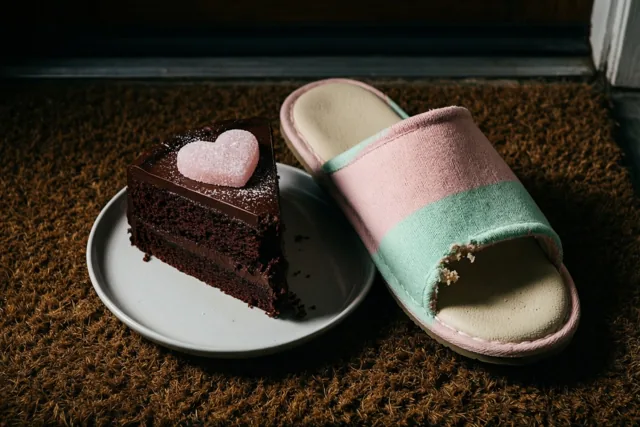 Een stuk chocoladetaart met een roze suikerhart staat op een wit bord naast een roze met mintgroene pantoffel met een gekauwd gat, op een bruine deurmat.