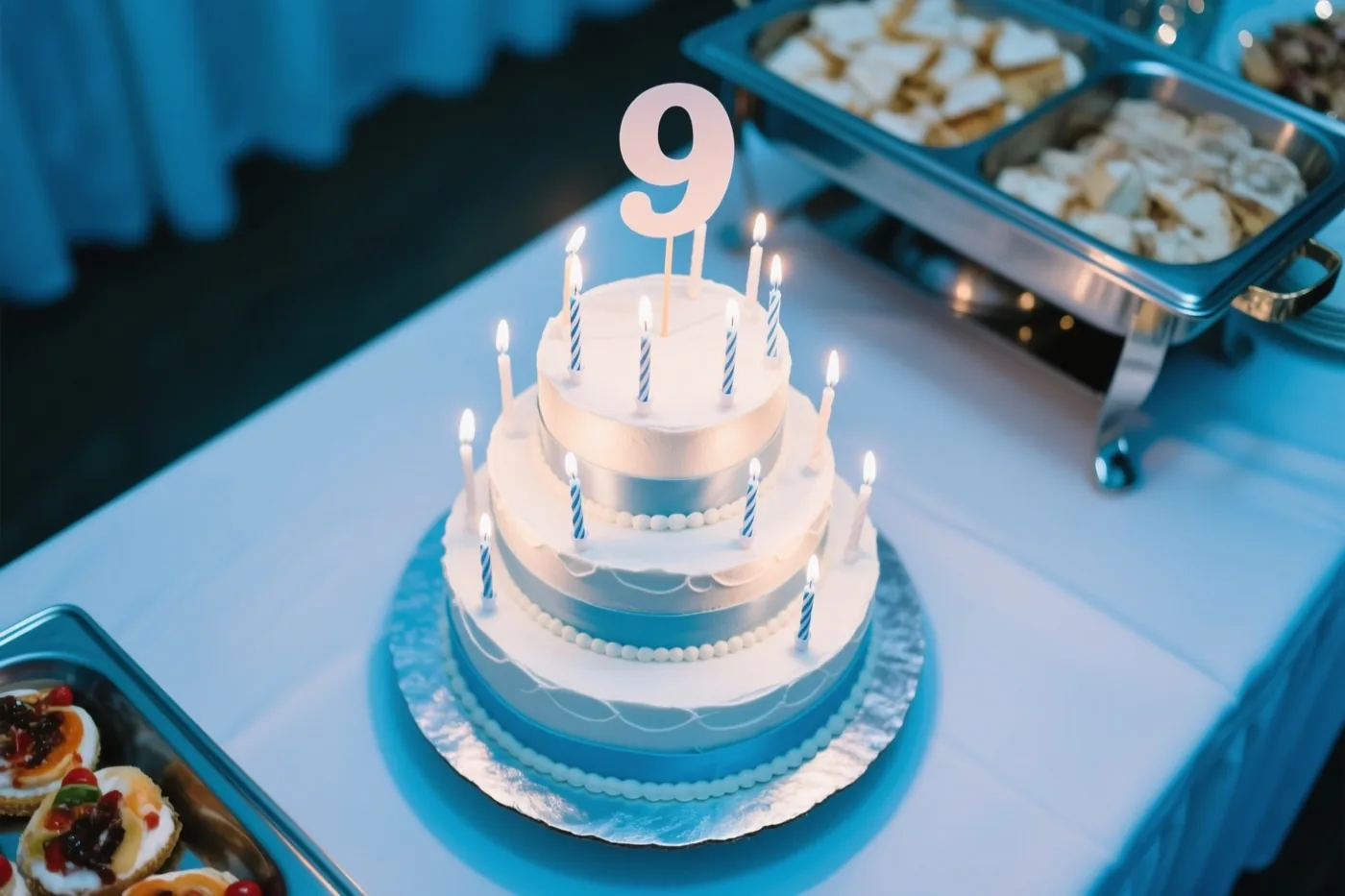 Een witte taart met drie verdiepingen, blauwe linten, brandende kaarsjes en een grote papieren 9 staat op een buffet naast schalen met eten in blauw licht.