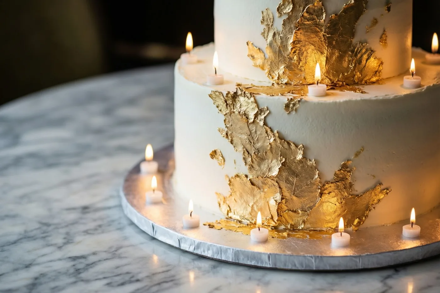 Een witte taart met meerdere verdiepingen en bladgoud staat op een zilverkleurige taartplaat op een marmeren tafel, omringd door brandende kaarsen.