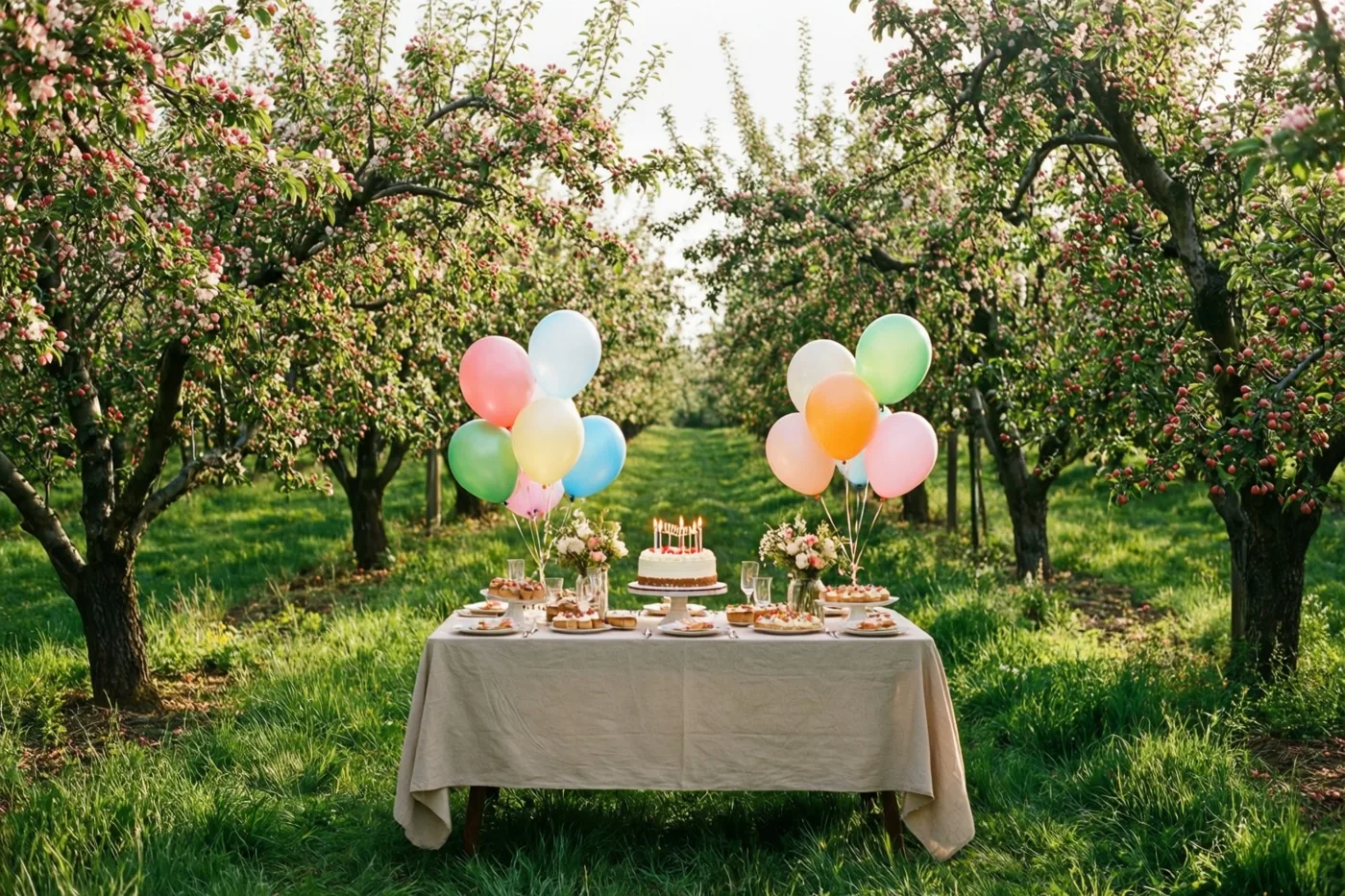 Onder bloeiende fruitbomen in een zonnige boomgaard staat een verjaardagstafel met een taart en pastelkleurige ballonnen, omringd door groen gras en roze bloesems.