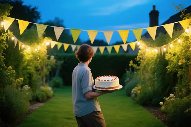 Een persoon, van achteren gezien, draagt een ronde taart op een bord over een tuinpad van gras, onder geelgroene vlaggetjes en lichtslingers tegen een schemerblauwe lucht.