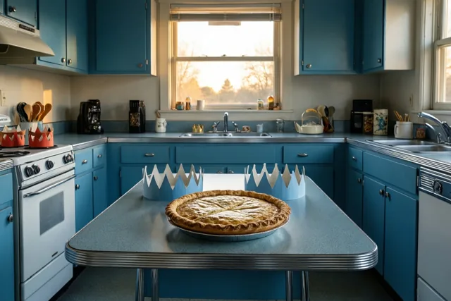 Een goudbruine taart staat op een blauwe formicatafel in een keuken in jarenzestigstijl met blauwe kasten en chroomaccenten, in warm licht van een raam.
