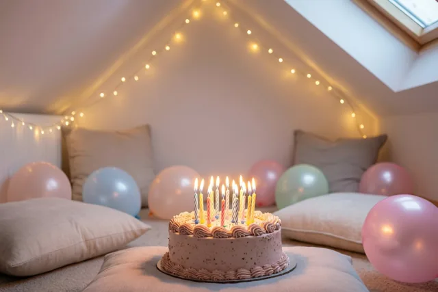 Een taart met brandende kaarsjes staat op een kussen in een zolderkamer met lichtslingers, vloerkussens en pastelballonnen in roze, blauw en beige.