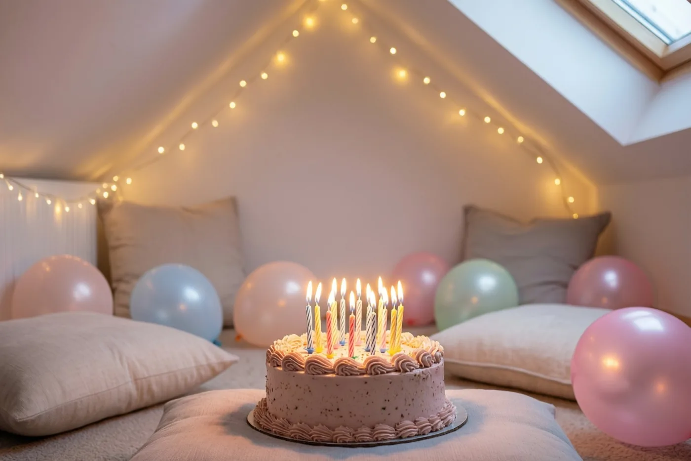 Een taart met brandende kaarsjes staat op een kussen in een zolderkamer met lichtslingers, vloerkussens en pastelballonnen in roze, blauw en beige.
