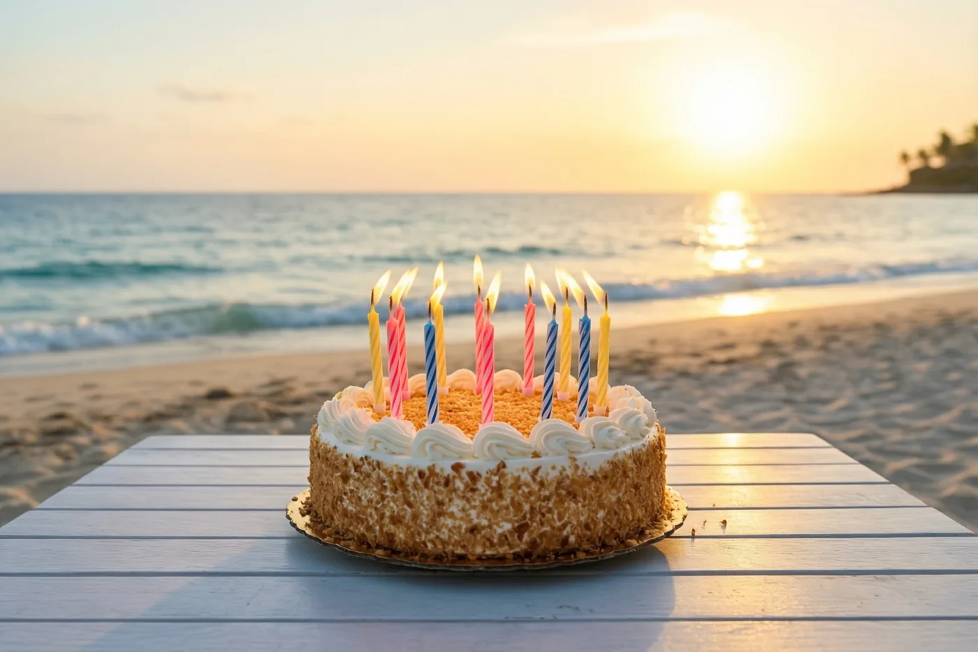 Een verjaardagstaart met brandende kaarsen staat op een witte houten tafel op een zandstrand, terwijl de zon boven de zee aan de horizon ondergaat.
