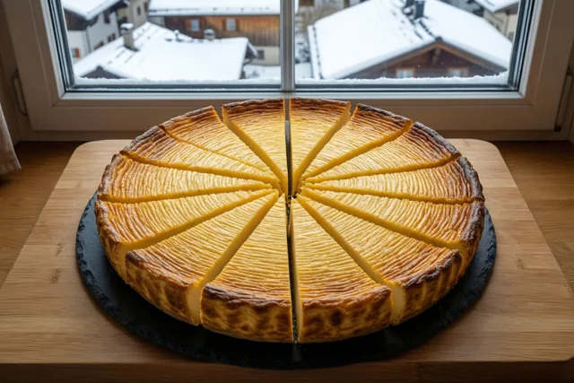 Een aangesneden crème-brûléetaart staat op een zwarte leisteen op een houten plank bij een raam met besneeuwde daken buiten.