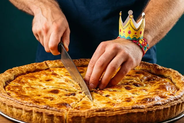 Mannenhanden snijden met een mes een grote goudbruine galette aan tegen een donkerblauwgroene achtergrond, met een klein kleurrijk papieren kroontje als armband om de pols.