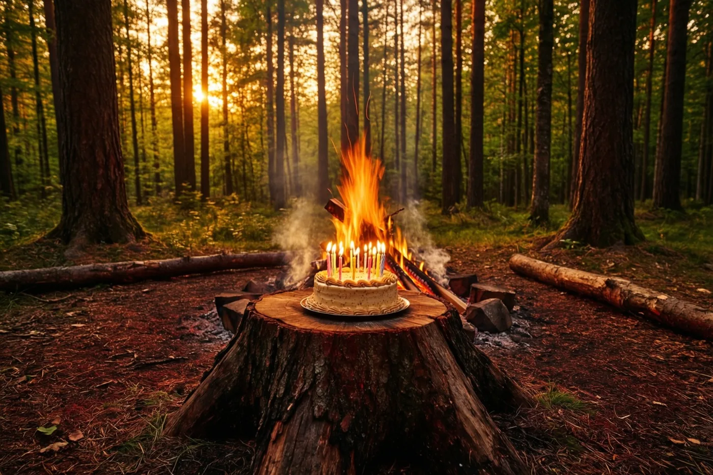Een taart met brandende kaarsjes staat op een boomstronk op een open plek tussen hoge bomen, met een kampvuur erbij en goudkleurig licht van de ondergaande zon.