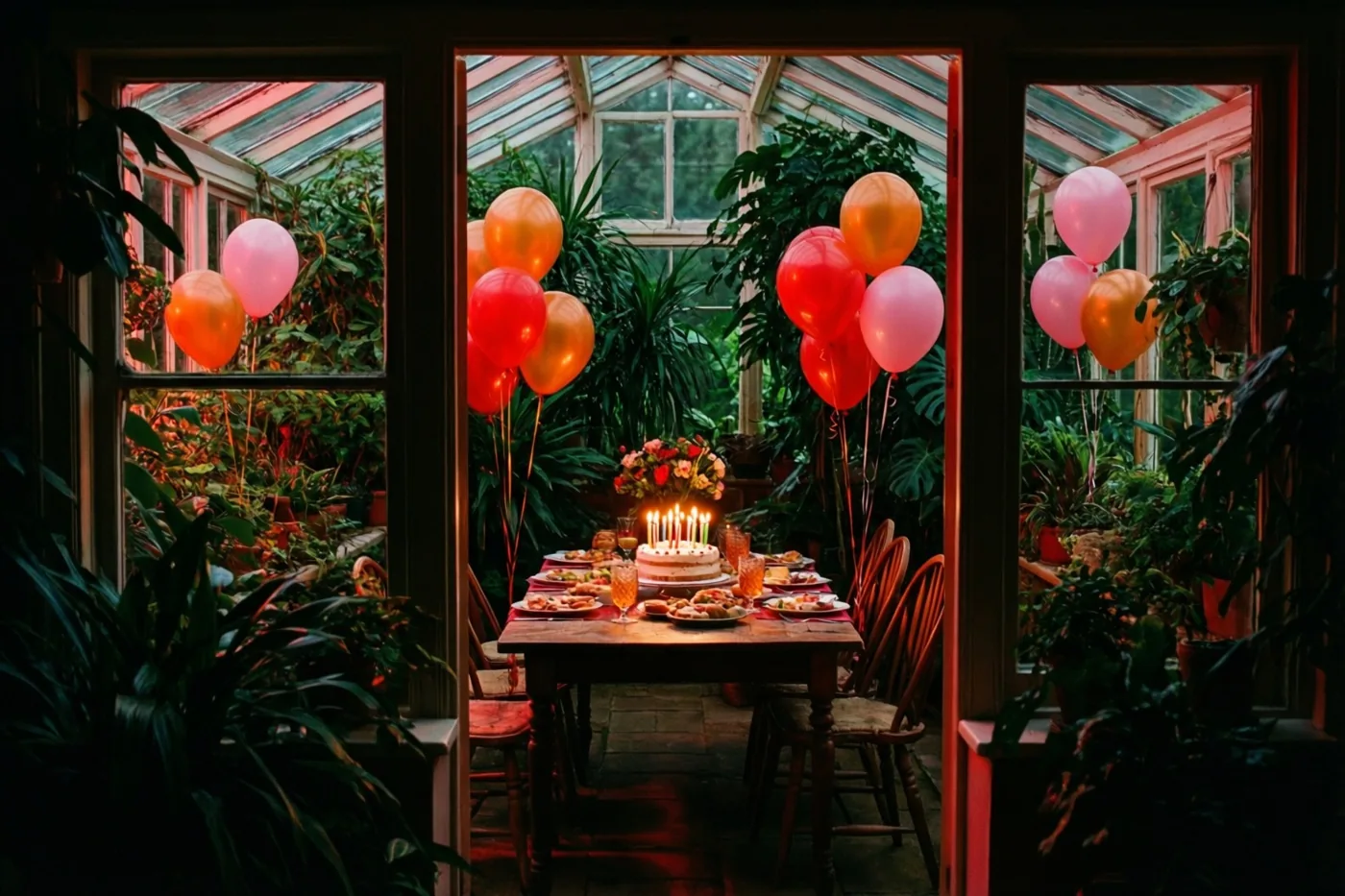 In een veranda vol groene planten staat een houten tafel met een taart met brandende kaarsjes tussen rode, roze en oranje ballonnen in warm licht.