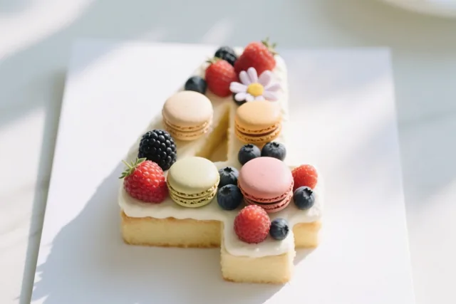 Een taart in de vorm van het cijfer 4 met bessen, macarons en een eetbare bloem staat op een wit bord in helder zonlicht.