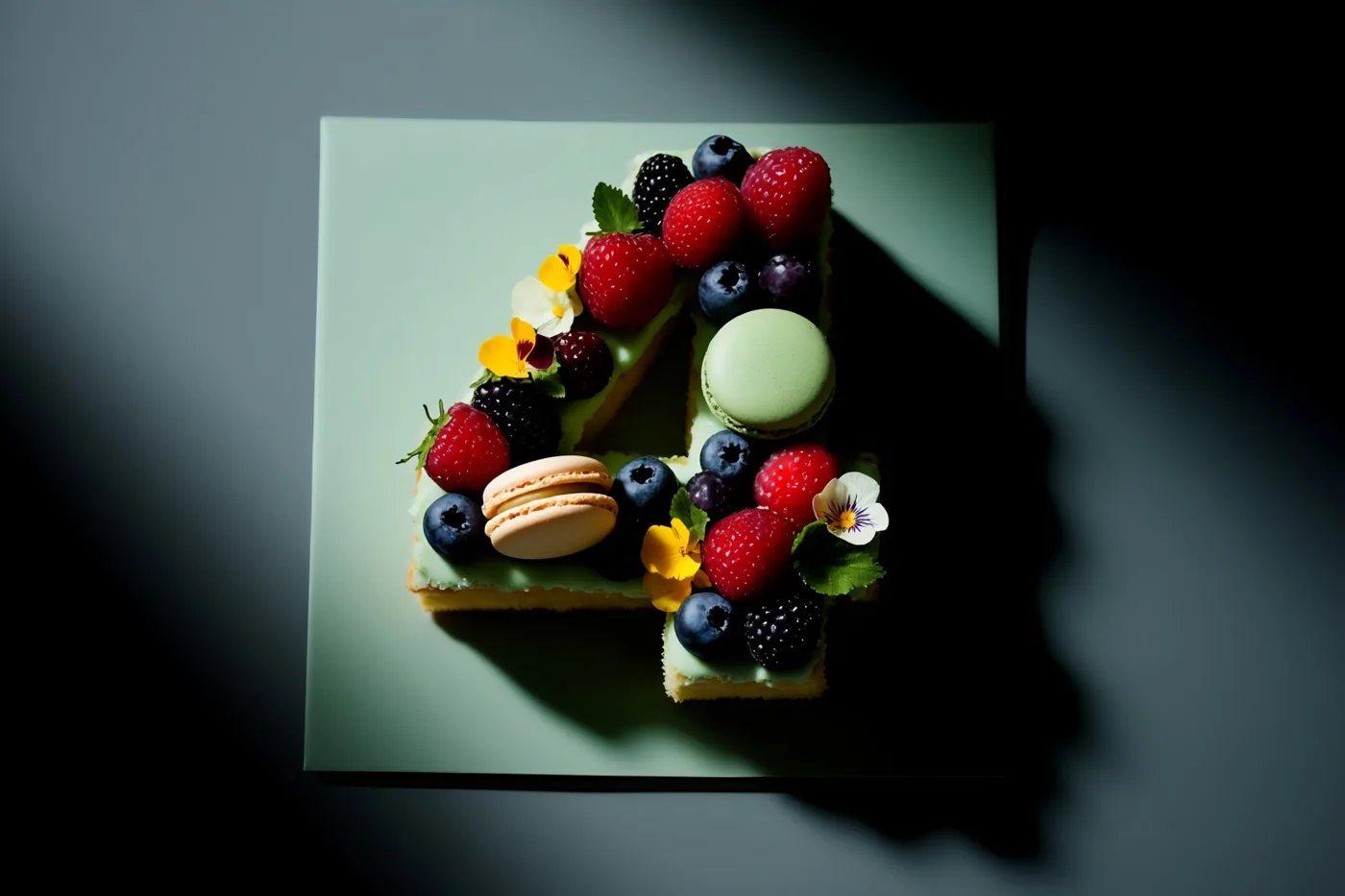 Een taart in de vorm van het cijfer 4 met frambozen, blauwe bessen, bramen, macarons en eetbare bloemen staat op een lichtgroen bord tegen een donkere achtergrond.
