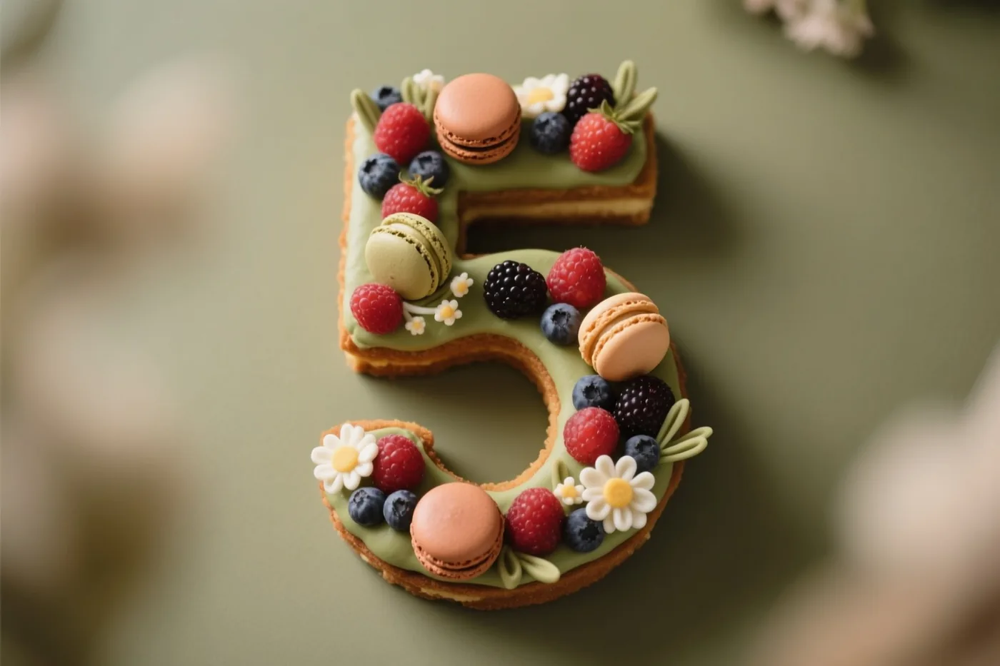 Een taart in de vorm van het cijfer 5 is versierd met bessen, macarons en eetbare bloemen tegen een gedempte groene achtergrond met onscherpe lichtvlekken in de hoeken.