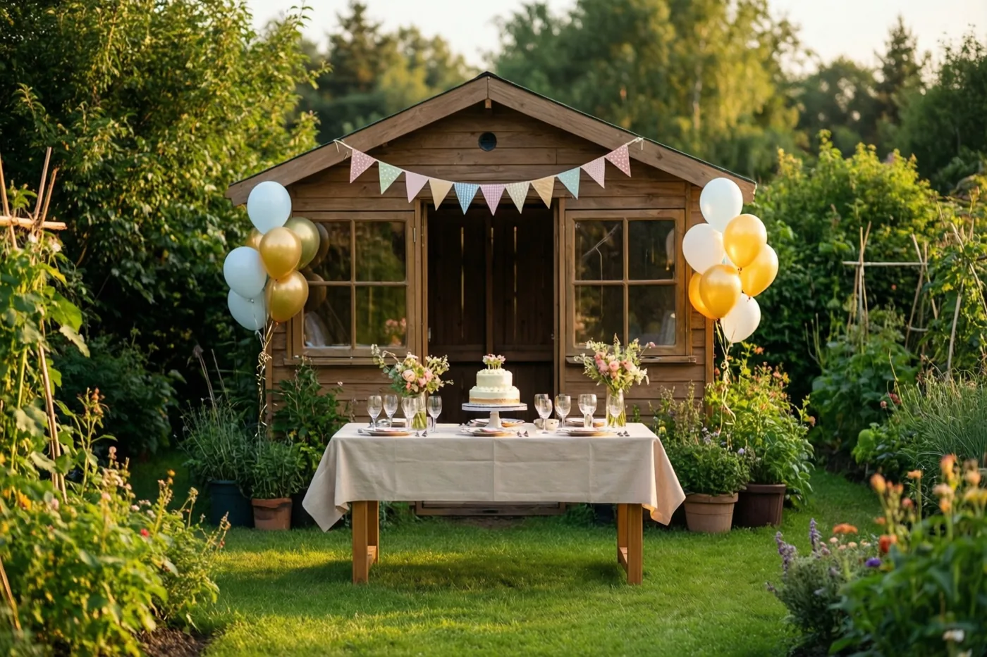 Een tuinhuis is versierd met kleurrijke vlaggetjes en trossen ballonnen, met op het gazon ervoor een tafel met taart en glazen in warm gouden licht.
