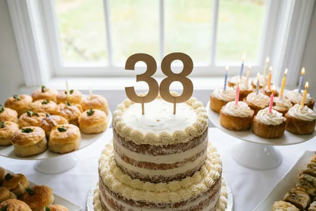 Een taart met meerdere lagen en een papieren versiering met 38 staat op een buffet tussen cupcakes met brandende kaarsjes en ander gebak, bij een raam in natuurlijk licht.