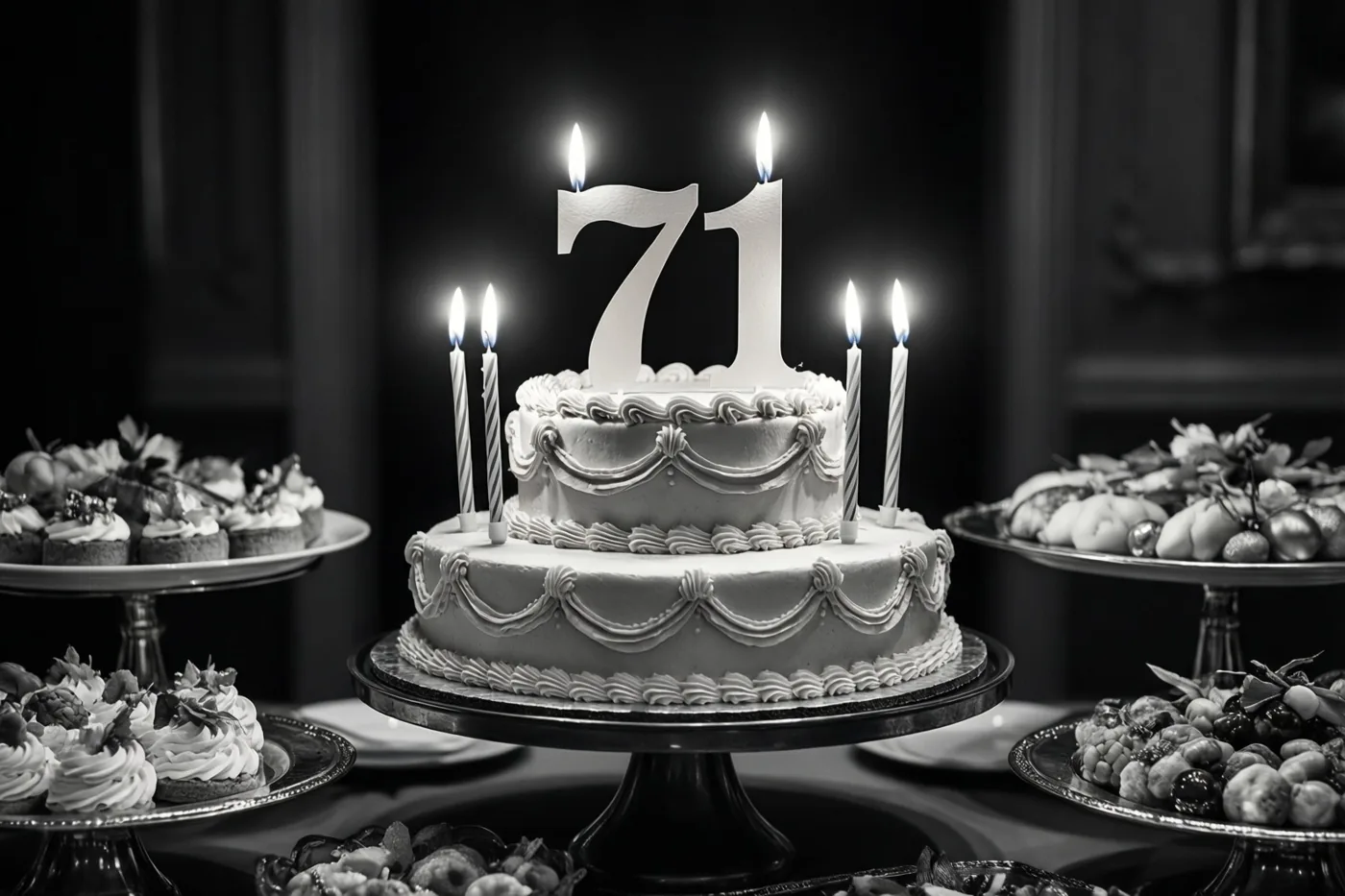 Een zwart-witfoto toont een taart met twee verdiepingen, een papieren versiering met 71 en brandende kaarsen op een standaard tussen andere desserts.