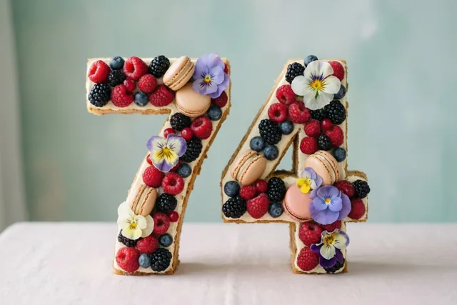 Taartcijfers 7 en 4 staan op een wit kleed en zijn versierd met bessen, macarons en eetbare bloemen tegen een zachtgroene achtergrond.