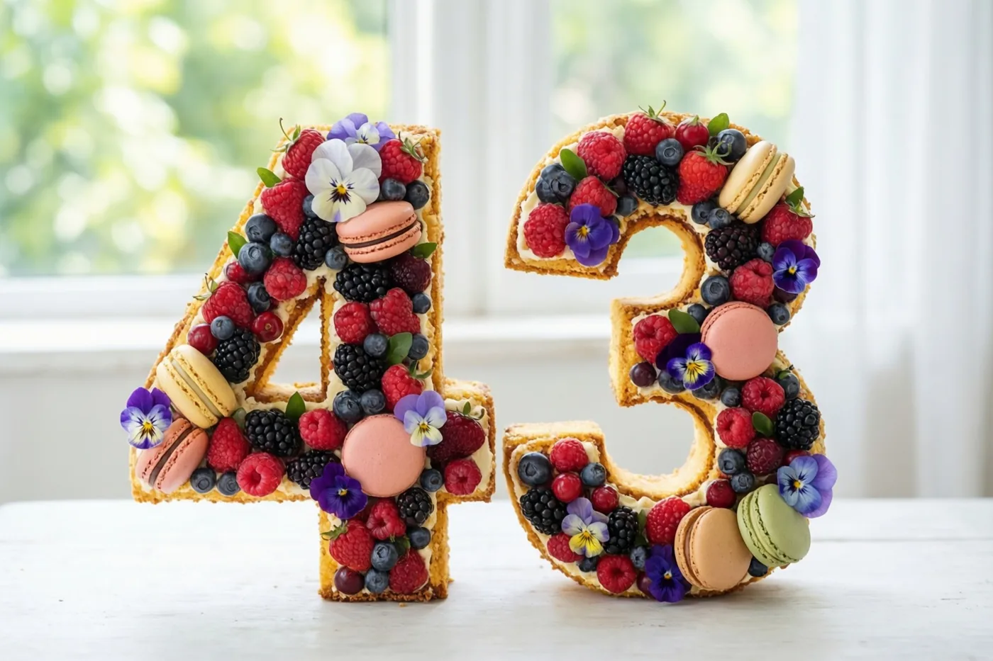 Twee taartcijfers vormen 43 op een wit oppervlak voor een raam, versierd met bessen, macarons en eetbare bloemen.