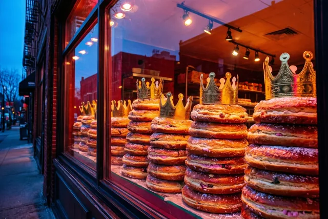Stapels goudbruine driekoningentaarten met gouden papieren kronen staan warm verlicht in een bakkersetalage, met een straat in de schemering op de achtergrond.