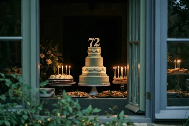 Door een open raam is bij schemering een buffet met een taart met verdiepingen en een papieren versiering met 72 te zien, tussen andere taarten en brandende kaarsen.