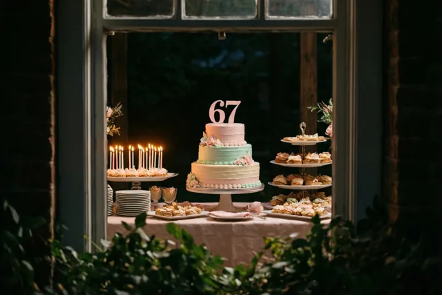 Door een raam is bij schemering een taart met meerdere lagen en een papieren versiering met 67 te zien op een buffet met brandende kaarsen en gebak in roze, mintgroene en crèmekleurige tinten.