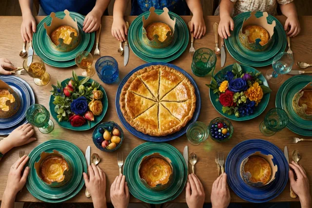 Van bovenaf is een familie rond een houten tafel te zien met een grote taart in het midden, kleine taartjes en papieren kronen bij elke plaats, blauw en groen servies en glazen.